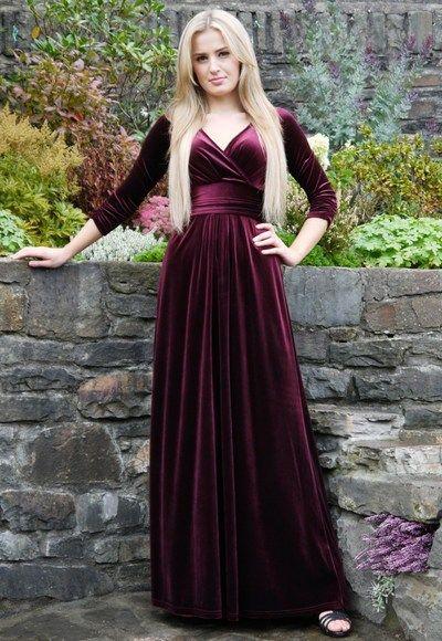 A-line Floor-length V-neck Velvet Long Sleeves Prom Dresses, PD0043