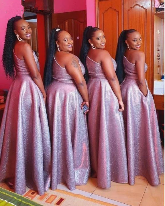 Sequin One Shoulder A-Line Long Bridesmaid Dresses, SFWG00421