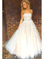 A-Line Strapless Tulle Lace Floor Length Prom Dresses With Beading,SFPD0020