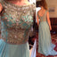 Scoop Neckline Rhinestone V-Back Long A-line Blue Chiffon Long Prom Dresses, PD0560