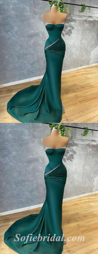 Sexy Dark Green Satin Sweetheart Sleeveless Mermaid Long Prom Dresses,SFPD0457