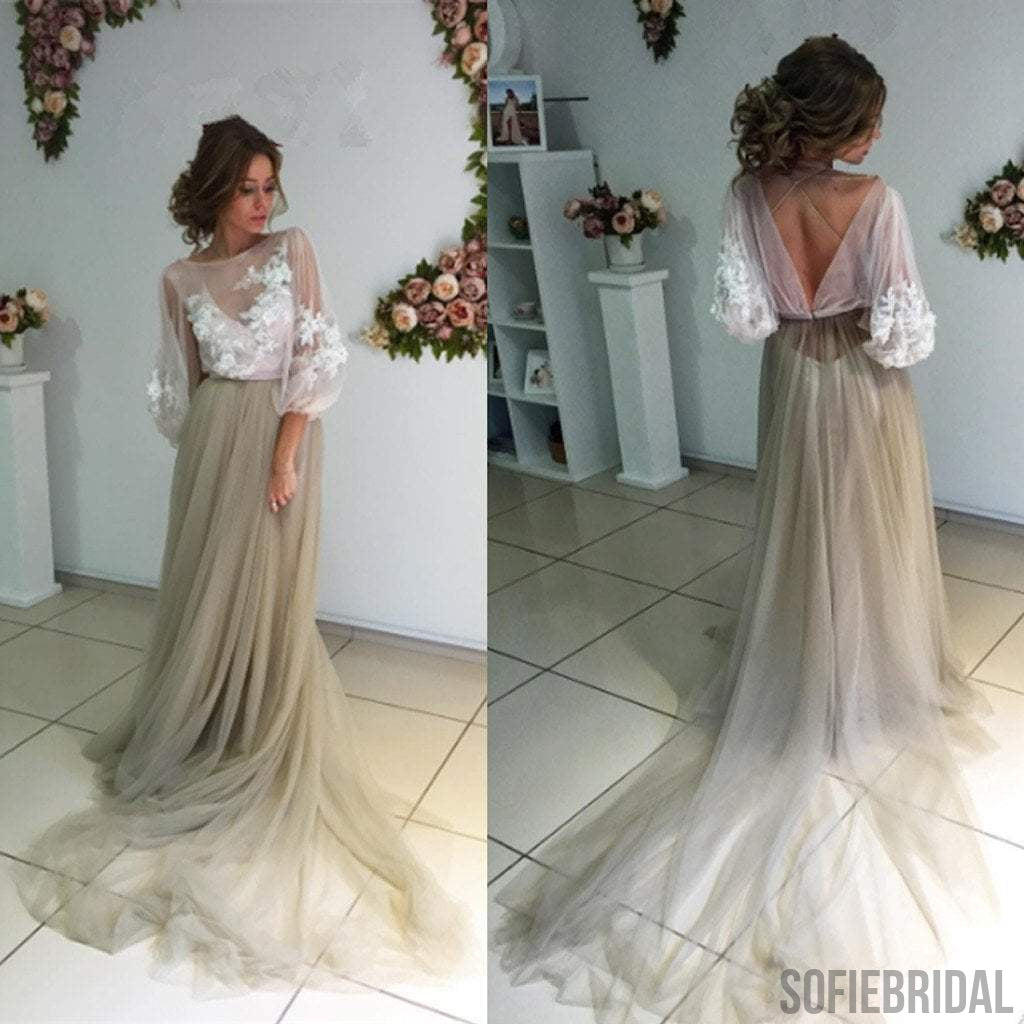 Long Sleeve White Lace Top See Through Elegant Long A-line Tulle Prom Dresses, PD0536