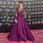 Red Carpet Inspired Plum See Through Beaded Sexy Long Sleeve A-line Satin Prom Dresses, PD0550