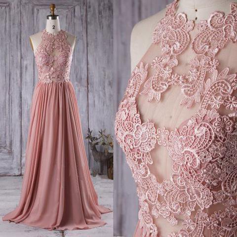 Lace Top See Through Dusty Rose Long A-line Chiffon Prom Bridesmaid Dresses, PD0534