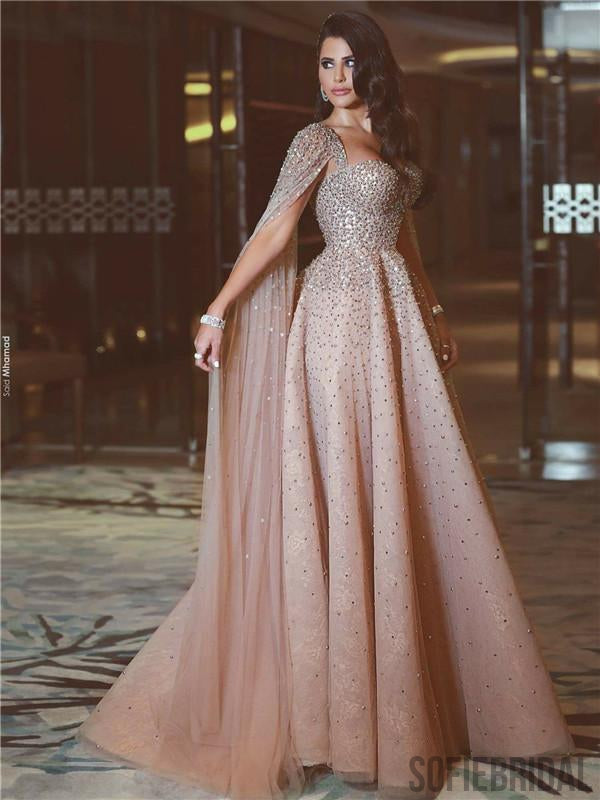 Luxury A-line Sweetheart Long Sleeces Beading Prom Dresses, PD0116