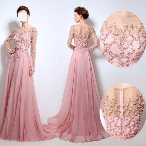 Scoop Neckline See Through Beaded Long Sleeve Pink Chiffon Long Prom Bridesmaid Dresses, PD0561