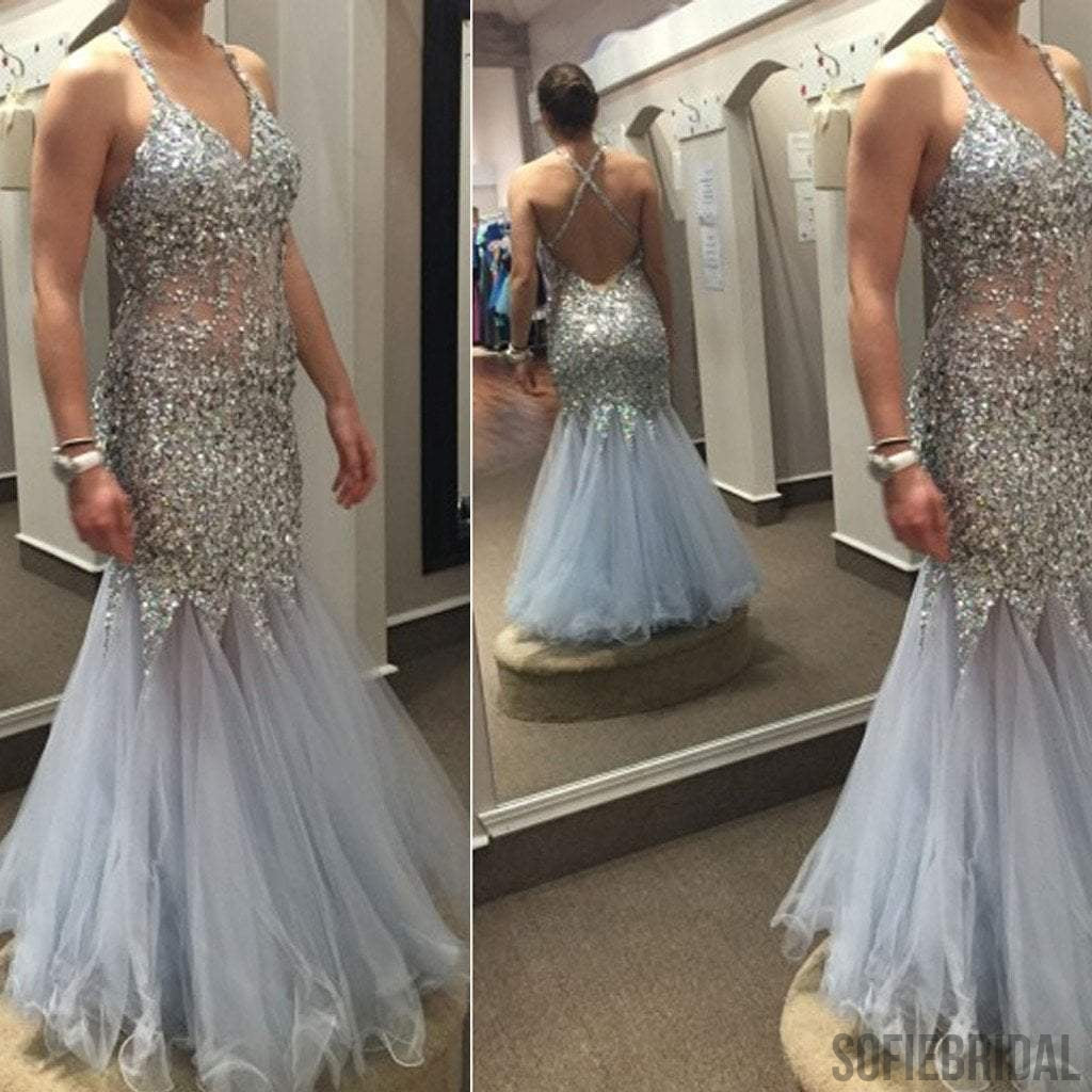Popular Spaghetti Sexy Mermaid Rhinestone  Grey Tulle Prom Dresses, PD0248