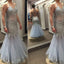 Popular Spaghetti Sexy Mermaid Rhinestone  Grey Tulle Prom Dresses, PD0248