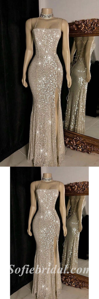 Sexy Sequin Spaghetti Straps Sleeveless Lace Up Back Side Slit Mermaid Long Prom Dresses,SFPD0524