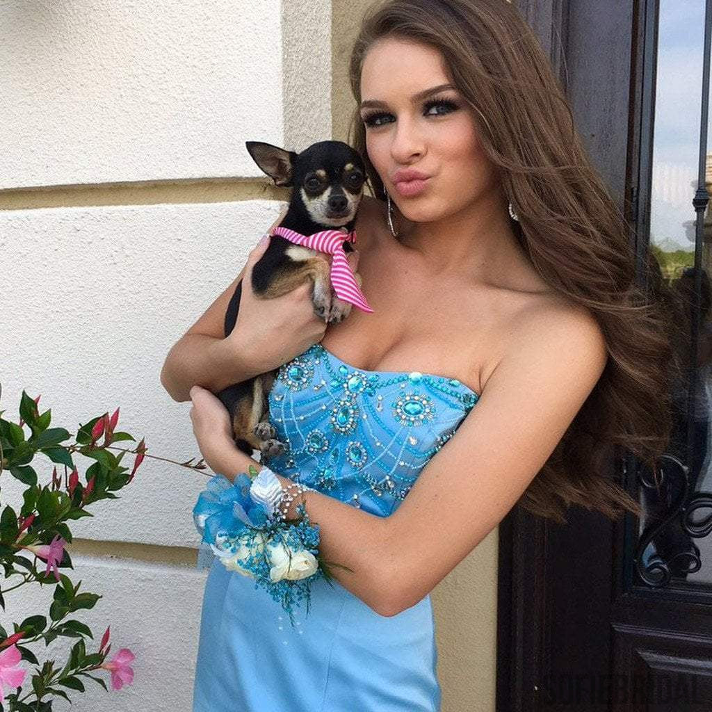 Sweetheart Blue Satin Tulle Rhinestone Beaded Long Mermaid Popular Prom Dresses, PD0264