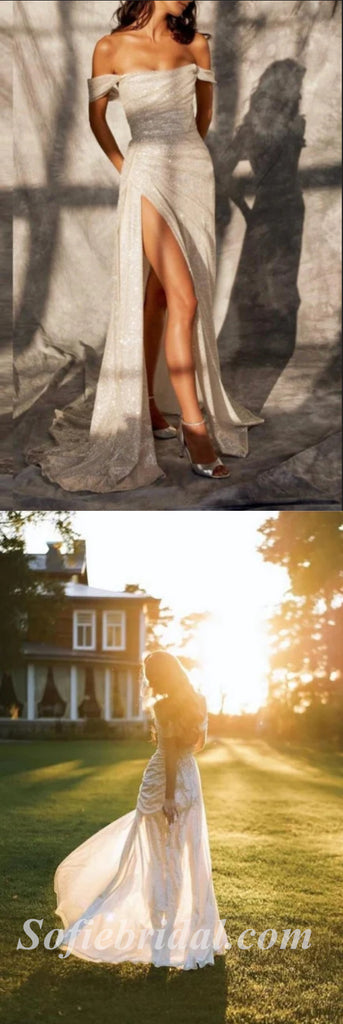 Shiny Ivory Off Shoulder Side Slit Mermaid Long Prom Dresses/Evening Dresses,SFPD0359