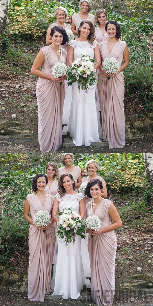 New Arrival V-neck Cap Sleeves Long Bridesmaid Dresses With Pleats, BD1047