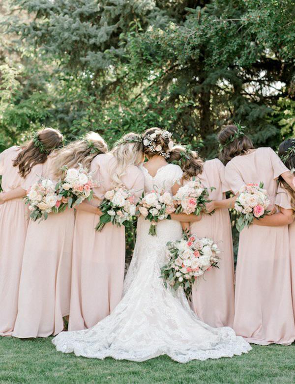 Popular V-neck Half Sleeves Light Pink Bridesmaid Dress, BD1005