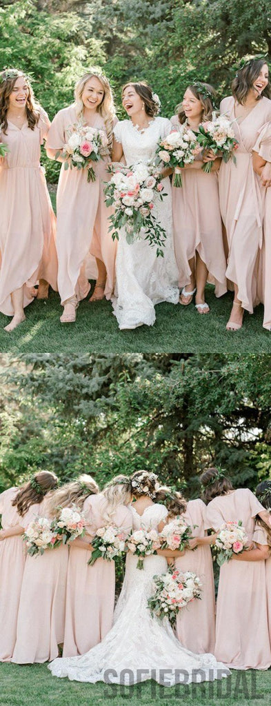 Popular V-neck Half Sleeves Light Pink Bridesmaid Dress, BD1005