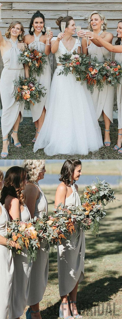 Sheath Halter Light Grey Bridesmaid Dresses With Split, PD0973