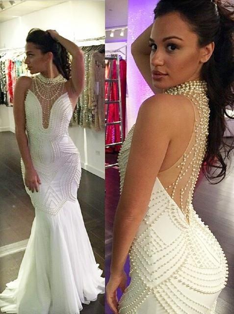 Luxury Pearl Sexy See Through Long Mermaid Tulle Prom Dresses, PD0537