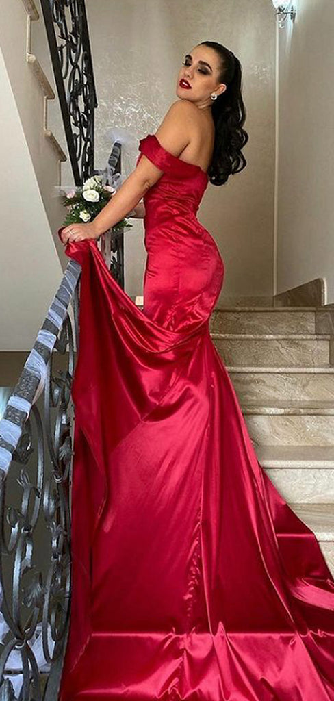 Lovely Off-shoulder Mermaid Side Slit Red Cheap Prom Dresses, PD0637
