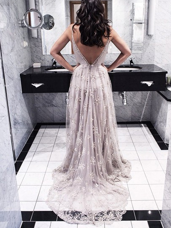 Sexy V-Back Lace Popular Backless Tulle Prom Dress, Bridal Gown, WD0128