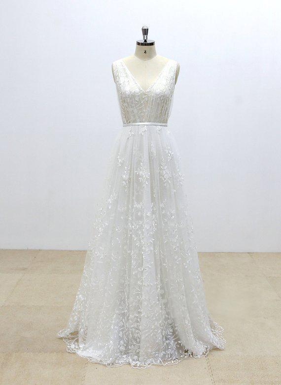 Simple V Neck Lace Cheap A-line Wedding Dresses Online, WD371
