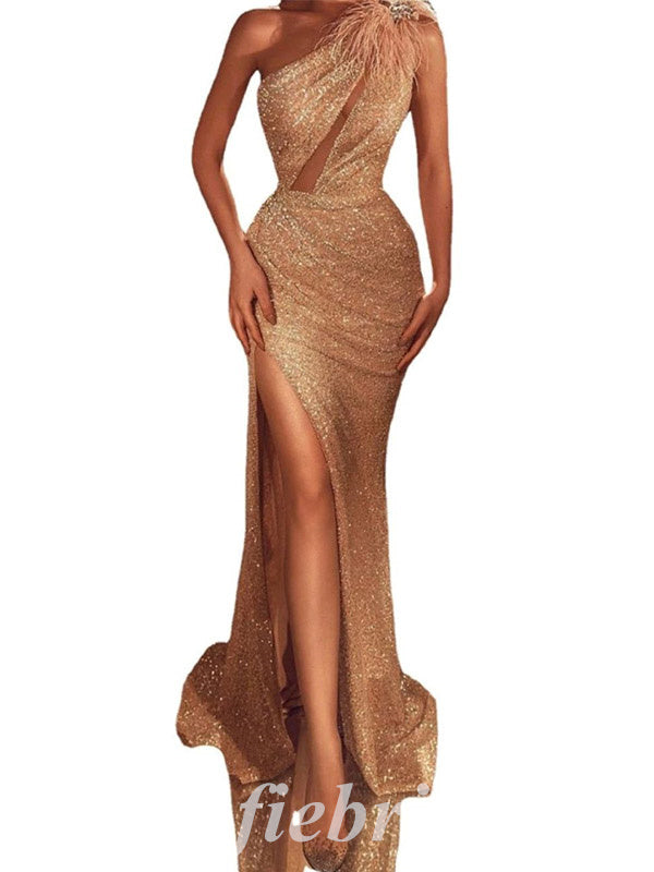 Sexy Sequin One Shoulder Sleeveless Side Slit Mermaid Long Prom Dresses With Feather and Rhinestone,PD0749