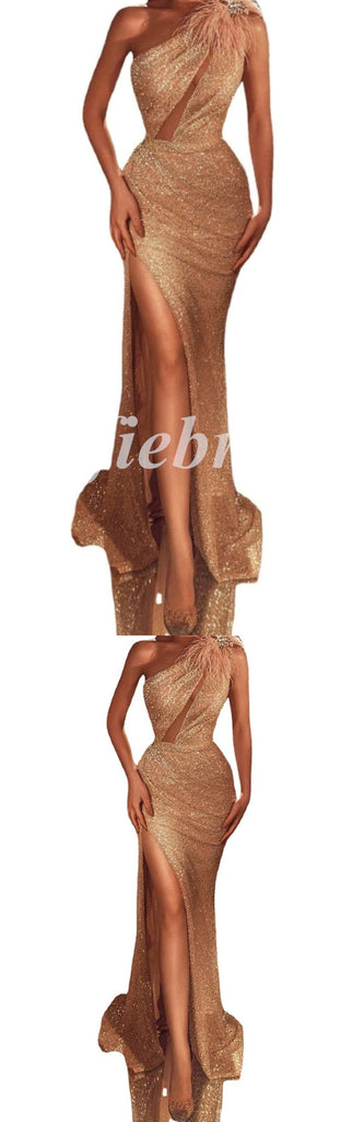 Sexy Sequin One Shoulder Sleeveless Side Slit Mermaid Long Prom Dresses With Feather and Rhinestone,PD0749