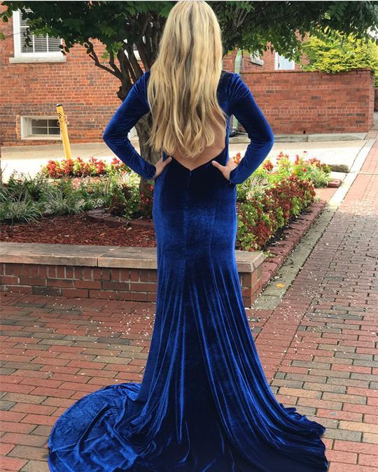 Long Sleeves V-neck Royal Blue Long Velvet Prom Dresses, Simple Prom Dresses, PD0753