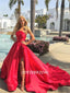 Strapless Gergeous Long Red Satin Prom Dresses With Split, PD1011