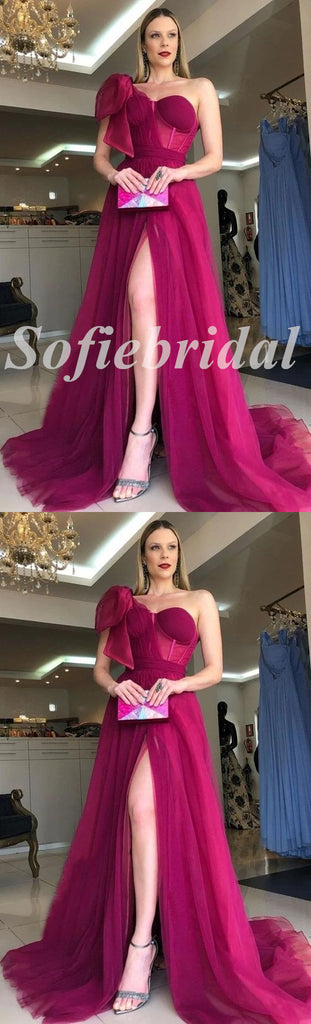 Elegant Tulle One Shoulder sleeveless Bone Side Slit A-Line Long Prom Dresses, PD0824