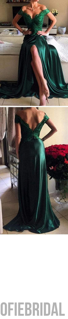 Off Shoulder Green Lace Satin Front Slit Sexy Long Prom Dresses, PD0237
