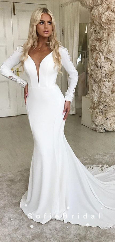 Mermaid Deep V-Neck Long Sleeves Cheap Wedding Dresses With Lace,SFWD0003