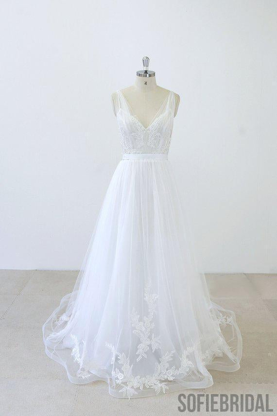 Simple V Neck Lace Chapel Tail A-line White Wedding Dresses Online, WD372
