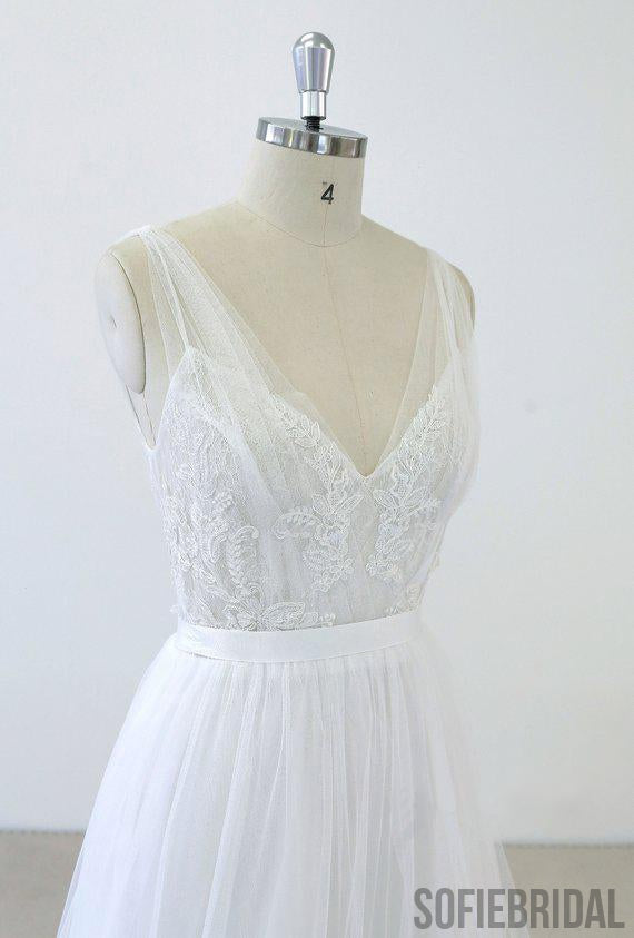 Simple V Neck Lace Chapel Tail A-line White Wedding Dresses Online, WD372
