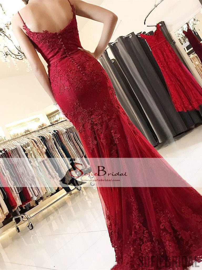 Red Lace Applique Prom Dresses Mermaid Long Prom Dresses, Spaghetti Prom Dresses, PD0443