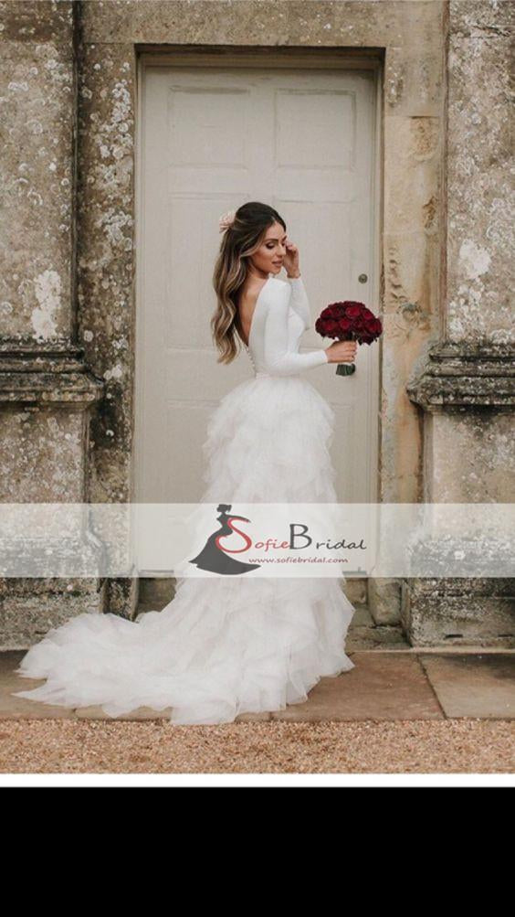 Round Neck V-back Wedding Dresses, Long Sleeve Jersey Tulle Wedding Dress, Bridal Gown, WD0270