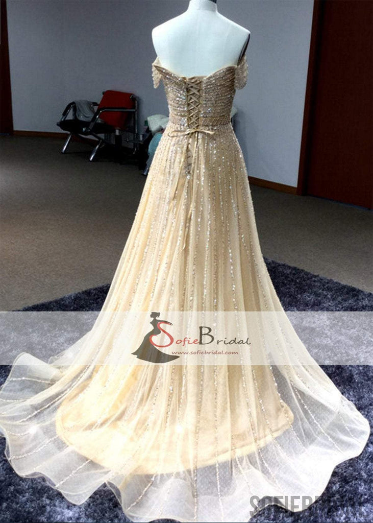 Off Shoulder Rhinestone Beaded A-line Prom Dresses, Sparkle Evening Dresses, PD0401