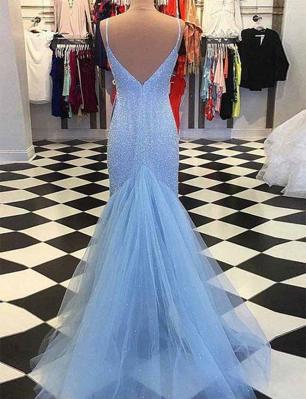 Spaghetti Long Sheath Sequin Tulle Prom Dresses, PD0952