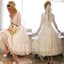 Vantage V-Neck Long Sleeve Tea Length White Lace Princess Wedding Party Dresses, WD0031