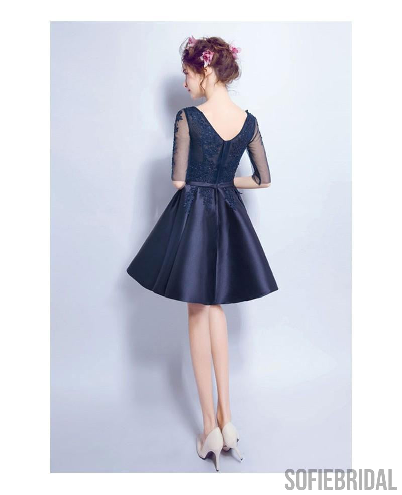 Cheap Short Cute Long Sleeve Lace Navy Homecoming Dresses 2018, CM468