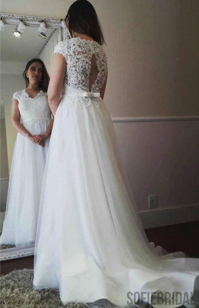 Open Back Cap Sleeve A-line Tulle Cheap Wedding Dresses Online, WD353