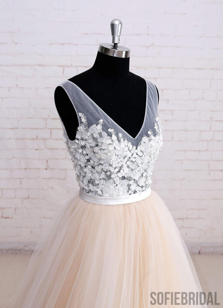 V Neck See Through A-line Cheap Wedding Dresses Online, WD355