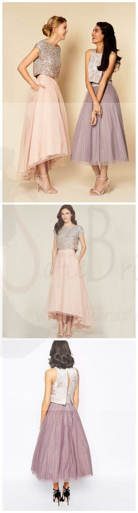 Pretty Two Pieces Cap Sleeve Sequin Top Organza Long Bridesmaid Dresses Cheap Prom Dresses, WG38