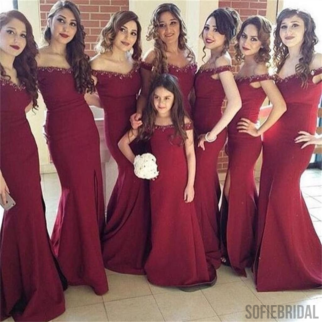 Maroon Off Shoulder Long Mermaid Side Slit Beaded Bridesmaid Dresses, PD0240