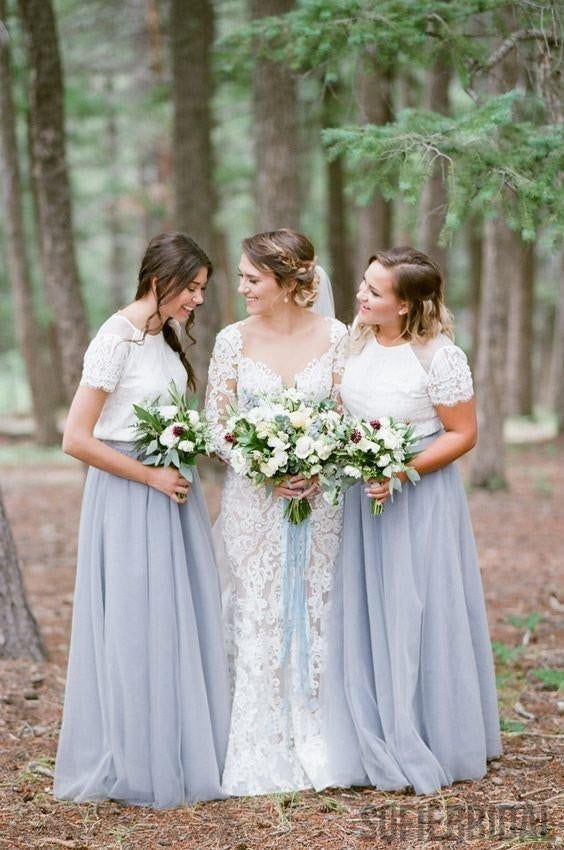 Short Sleeve White Top Light Grey Tulle Skirt Popular Bridesmaid Dresses, PD0300
