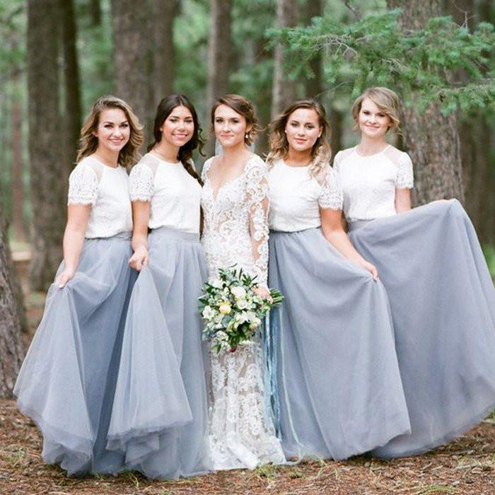 Short Sleeve White Top Light Grey Tulle Skirt Popular Bridesmaid Dresses, PD0300