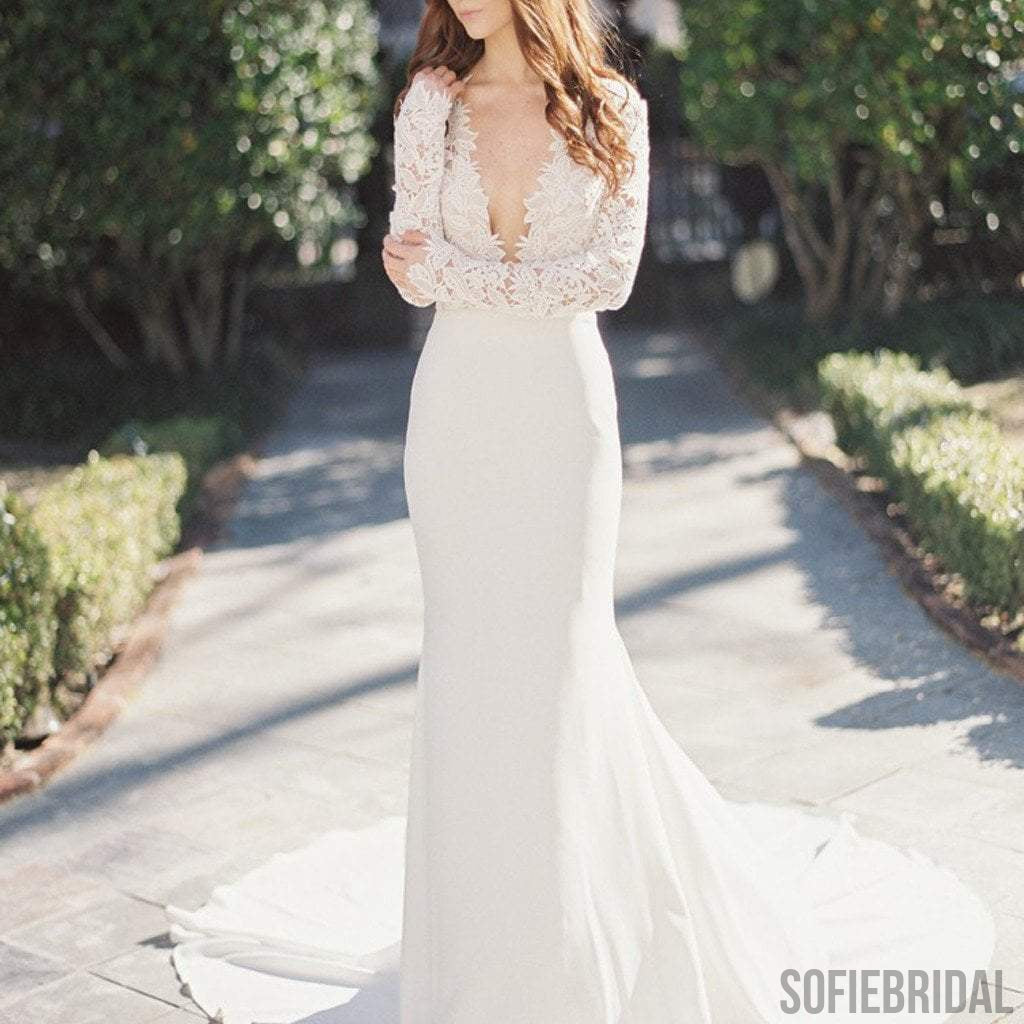 Sexy Deep V-Neck Long Sleeve Lace Top Mermaid Wedding Party Dresses, WD0038