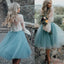 New Arrival Boho Style Long Sleeve See Through Lace Top  Blue Tulle Homecoming Dresses, SF0088