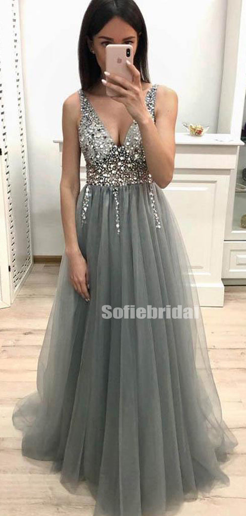 Sexy Deep V-Neck Side Slit New Arrival Silver Sequin Tulle Prom Dresses,PD0002
