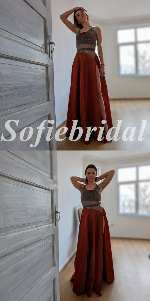 Sexy Satin And Tulle Halter Sleeveless Side Slit A-Line Long Prom Dresses, PD0839