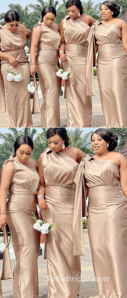 Sexy Soft Satin One Shoulder Sleeveless Mermaid Floor Length Bridesmaid Dressses, SFWG00448