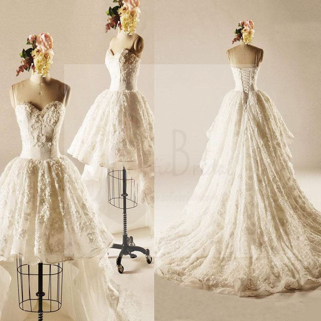 Unique Hi-low Sweetheart Lace Wedding Dresses, Popular Lace Up Bridal Gown, WD0003